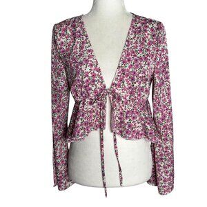 Floral Long Bell Sleeve Tie Front Peplum Blouse Medium Pink White Deep V Neck